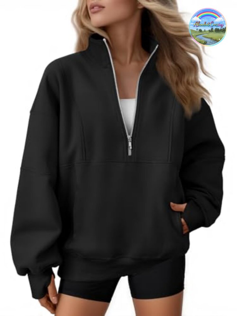Oversized Quarter Zip Fleece Sweatshirt Mock Neck Pullover Thumbholes